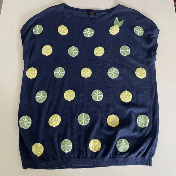 Talbots Woman Petites Sleeveless Sweater, Sz XLP, Navy with Lemons & Limes - Picture 1 of 6